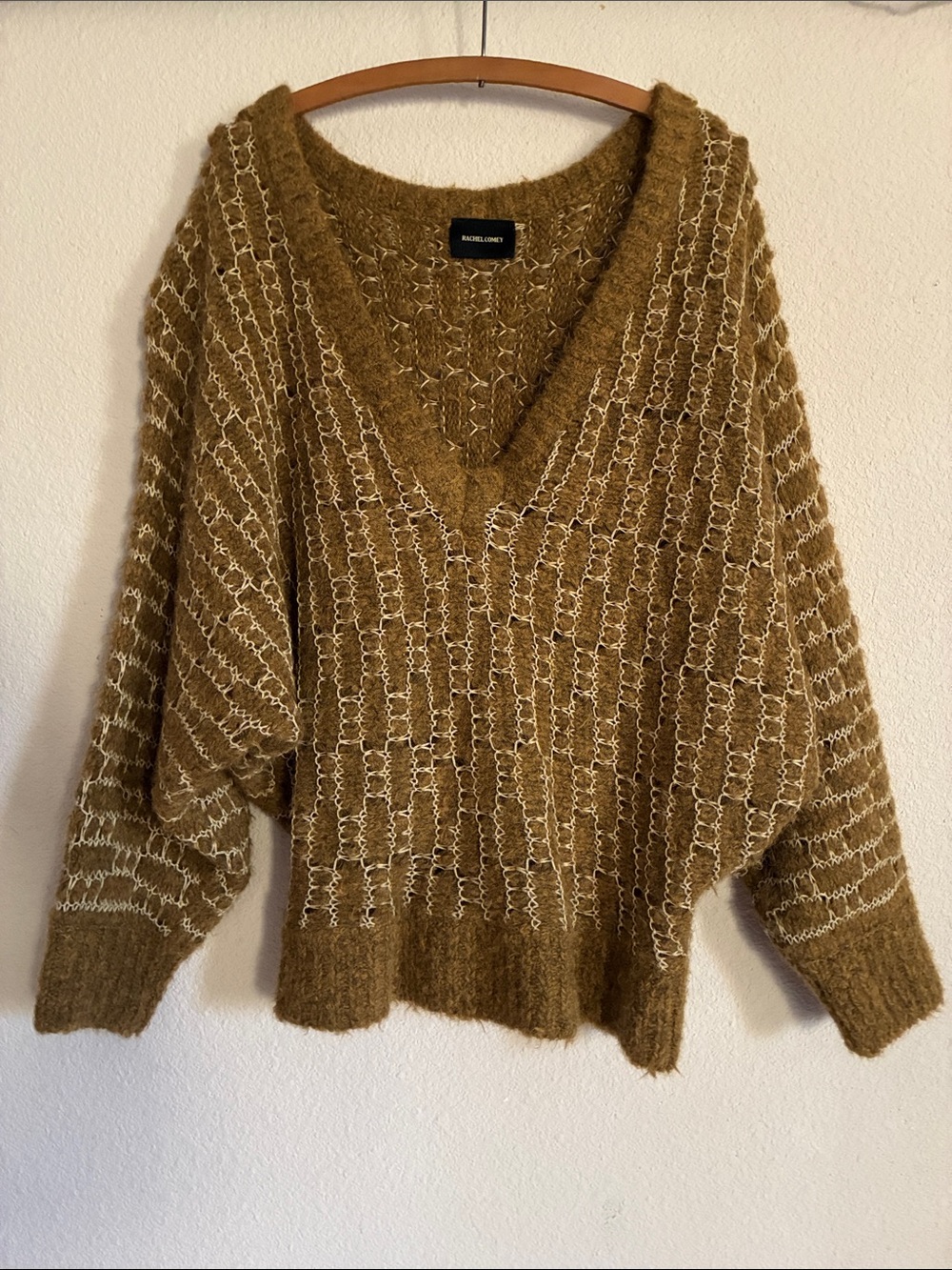 Rachel Comey Olive Cream V-Neck Textured Sweater Dolman Sleeve Oversized Alpaca